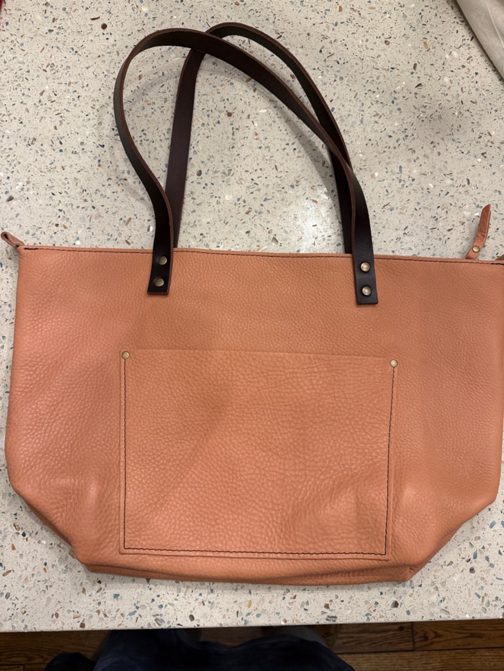 Pebbled Peach Leather Tote with Dark Brown Shoulder Straps